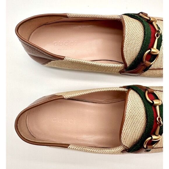 Gucci Brixton Beige Canvas Horsebit Buckle Loafers Web Stripe Flats EU 37 US 7 - Picture 10 of 12